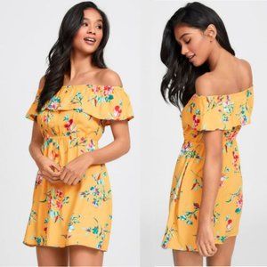Guess Ruffle Off Shoulder Yellow Mini Sun Dress Size M